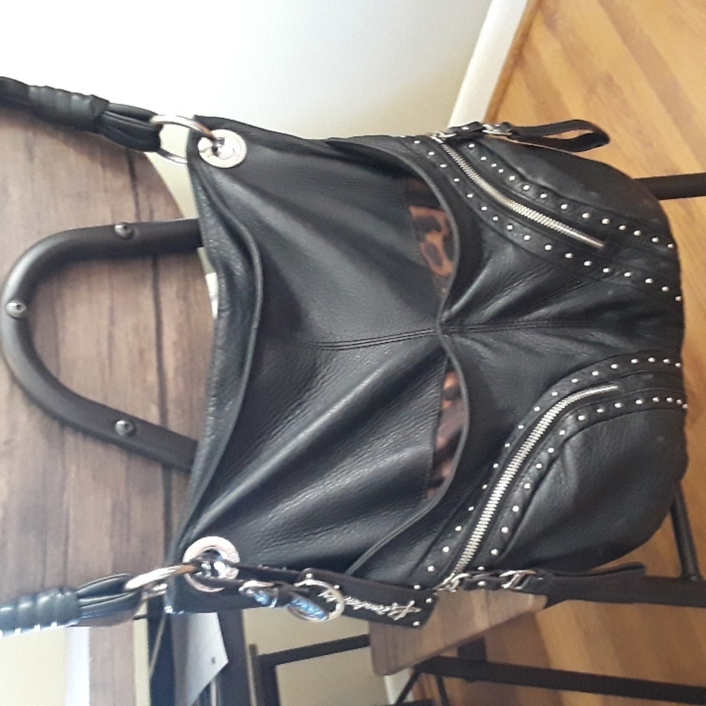 B. Makowsky Black Leather Studded Hobo Shoulder Bag